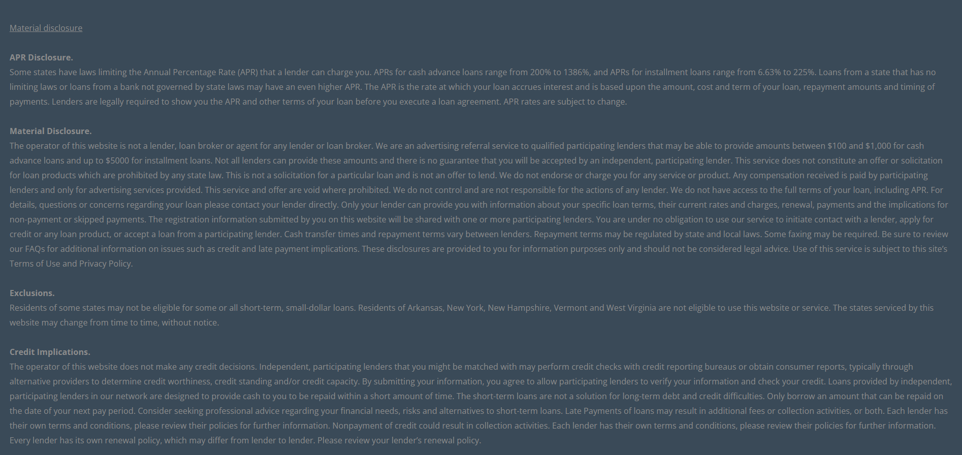 Material disclosure for payday loans in Cleveland Ohio